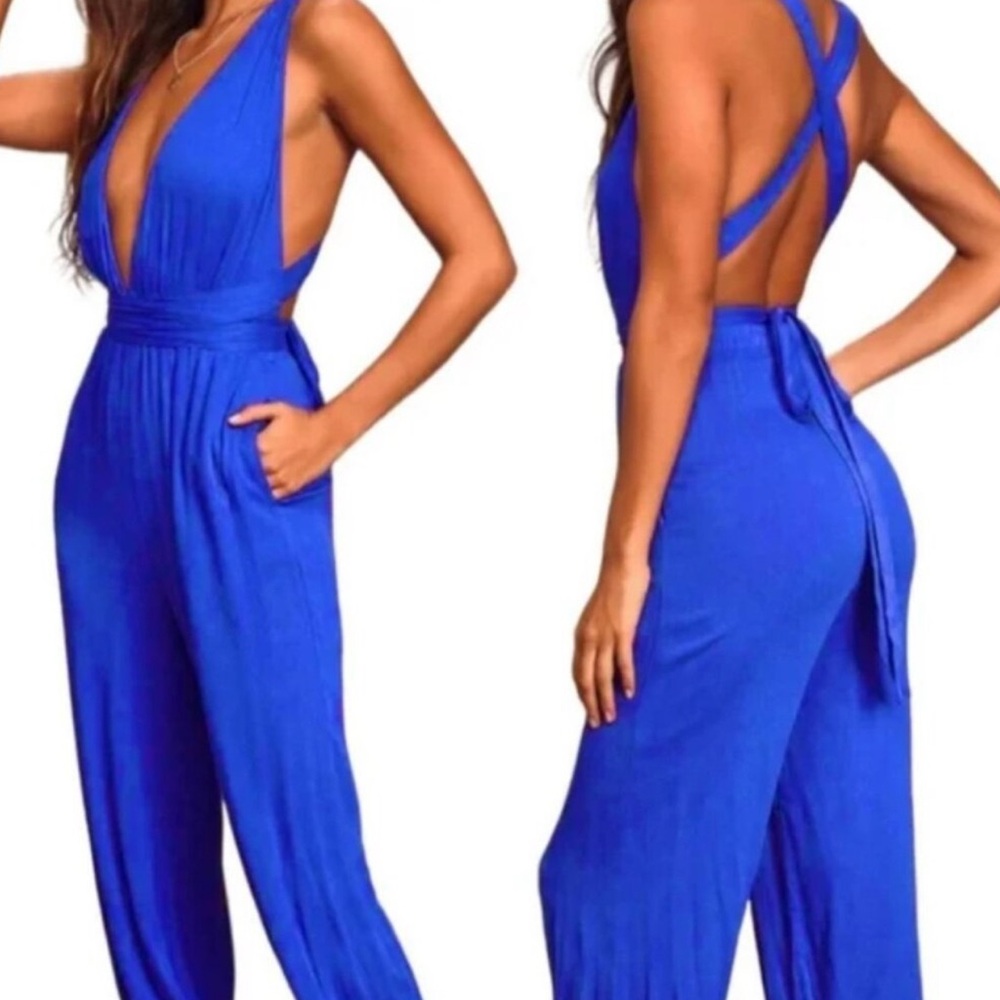 Lulu’s cobalt royal blue halter convertible Lolinda jumpsuit